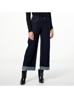 TWRHLL Christie Brinkley Jeans Size 12 Wide Leg Cuffed Blue Denim Dark Wash NEW